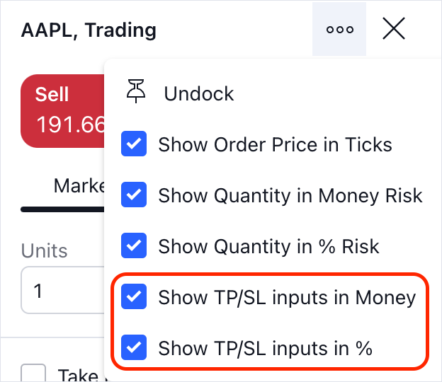 Bracket settings in the ellipsis menu of the Order Ticket